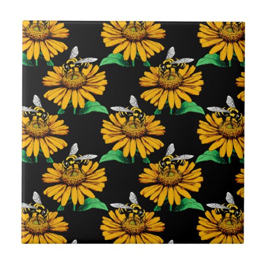 Biene auf Sonnenblumen Blume Muster Design Schwarz Fliese (Vorderseite)