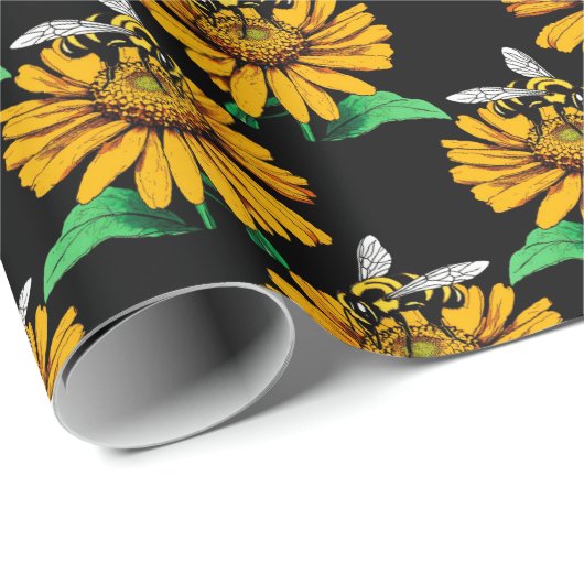 Biene auf Sonnenblumen Blume Muster Design Schwarz Geschenkpapier (Rolleneckpunkt)