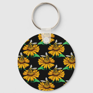 Biene auf Sonnenblumen Blume Muster Design Schwarz Schlüsselanhänger