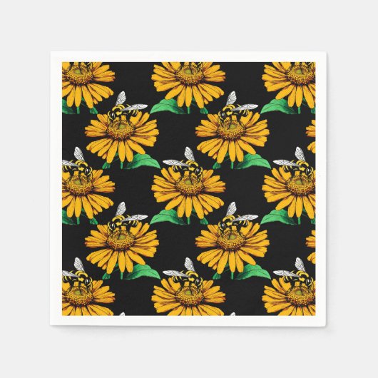 Biene auf Sonnenblumen Blume Muster Design Schwarz Serviette (Vorderseite)