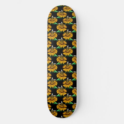 Biene auf Sonnenblumen Blume Muster Design Schwarz Skateboard (Vorderseite)