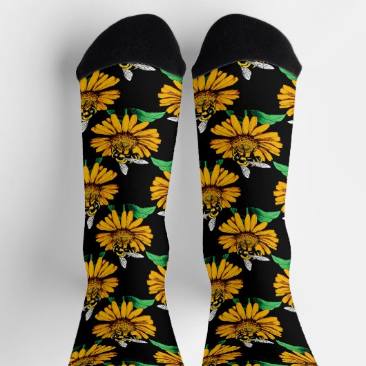 Biene auf Sonnenblumen Blume Muster Design Schwarz Socken (Oben)