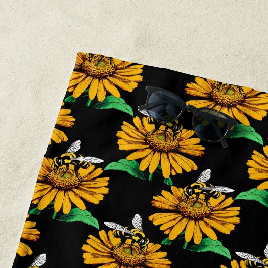 Biene auf Sonnenblumen Blume Muster Design Schwarz Strandtuch