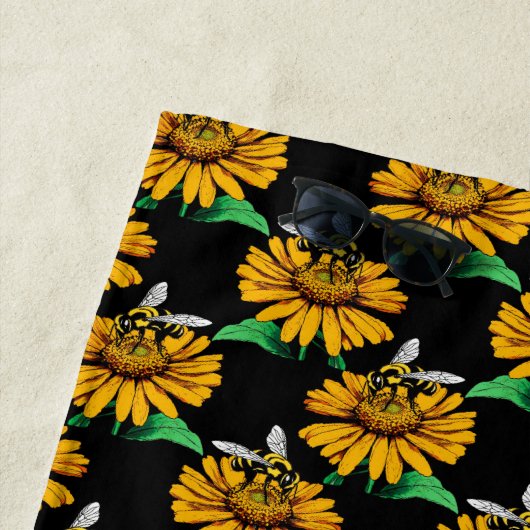 Biene auf Sonnenblumen Blume Muster Design Schwarz Strandtuch (Beispiel)