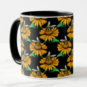 Biene auf Sonnenblumen Blume Muster Design Schwarz Tasse