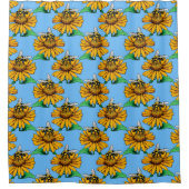 Biene auf Sonnenblumen-Blumenmuster-Design Blau Duschvorhang (Vorderseite)