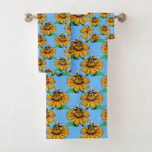 Biene auf Sonnenblumen-Blütenmuster-Design Blau Badhandtuch Set