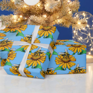 Biene auf Sonnenblumen-Blütenmuster-Design Blau Geschenkpapier