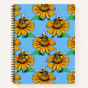 Biene auf Sonnenblumen-Blütenmuster-Design Blau Notizblock