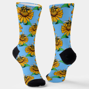 Biene auf Sonnenblumen-Blütenmuster-Design Blau Socken