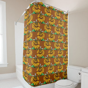 Biene auf Sonnenblumen-Blütenmuster-Design Braun Duschvorhang