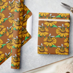 Biene auf Sonnenblumen-Blütenmuster-Design Braun Geschenkpapier