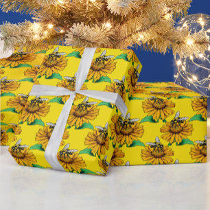 Biene auf Sonnenblumen-Blütenmuster-Design Gelb  Geschenkpapier