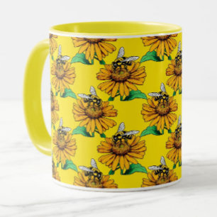 Biene auf Sonnenblumen-Blütenmuster-Design Gelb  Tasse