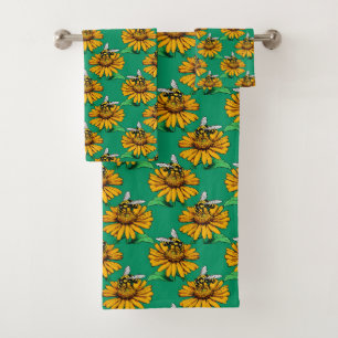 Biene auf Sonnenblumen-Blütenmuster-Design Grün Badhandtuch Set