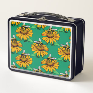Biene auf Sonnenblumen-Blütenmuster-Design Grün Metall Brotdose