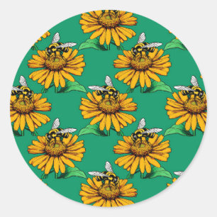 Biene auf Sonnenblumen-Blütenmuster-Design Grün Runder Aufkleber