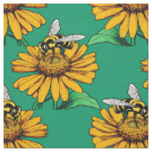 Biene auf Sonnenblumen-Blütenmuster-Design Grün Stoff (Nahaufnahme)