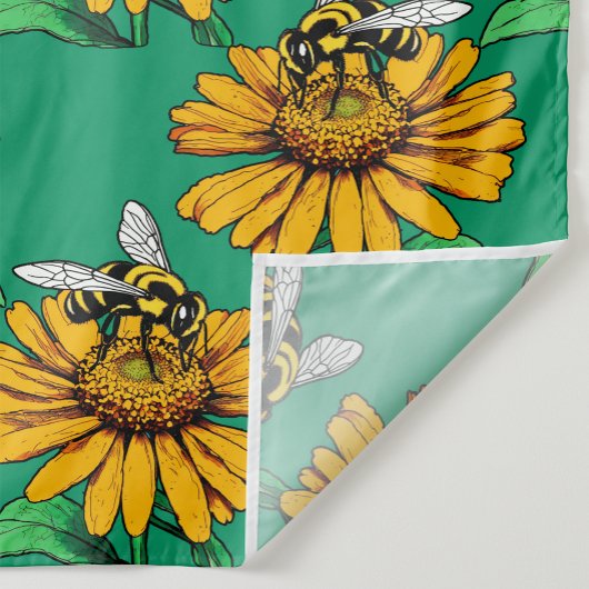 Biene auf Sonnenblumen-Blütenmuster-Design Grün Stoff