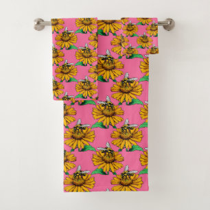 Biene auf Sonnenblumen-Blütenmuster-Design Rosa Badhandtuch Set