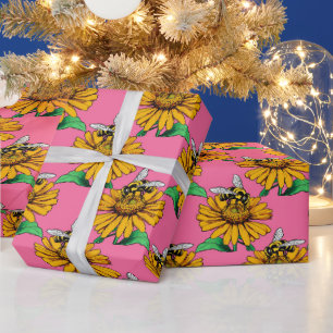 Biene auf Sonnenblumen-Blütenmuster-Design Rosa Geschenkpapier