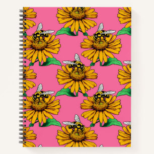 Biene auf Sonnenblumen-Blütenmuster-Design Rosa Notizblock