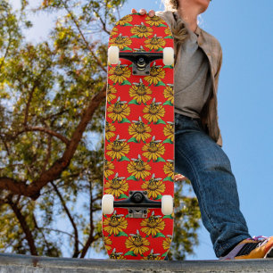 Biene auf Sonnenblumen-Blütenmuster-Design Rot Skateboard