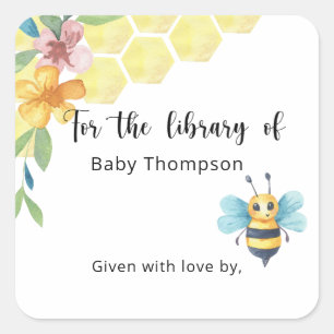 Biene - Baby-Shower-Exlibris, Bücher fürs Baby Quadratischer Aufkleber
