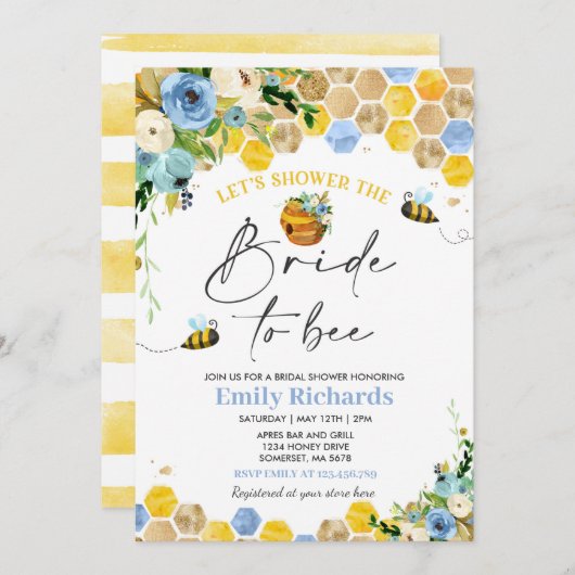 Biene Brautparty Blue & Gold Floral Bride zu sein Einladung (Vorne/Hinten)