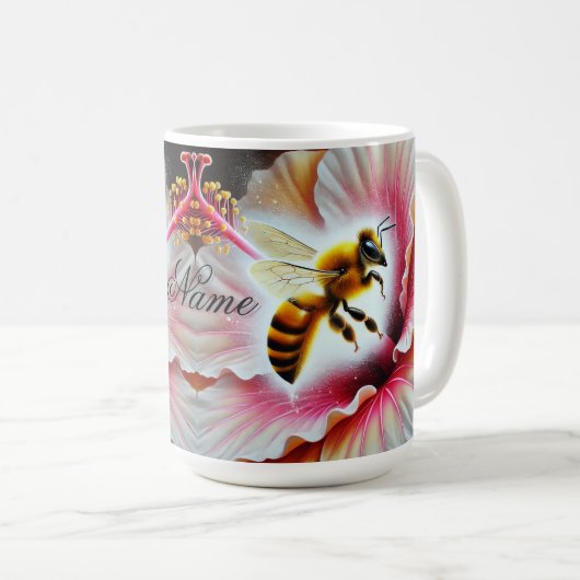 Biene, die eine blühende Hibiskus-Blume befruchten Kaffeetasse (VorderseiteRechts)