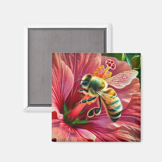 Biene, die eine lebendige Hibiskus-Blume befruchte Magnet (Vorderseite/Rückseite)