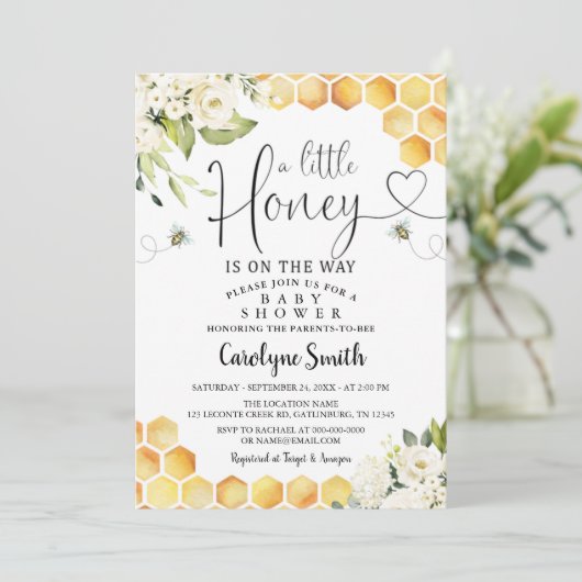 Biene eine kleine Honey-Baby-Dusche Einladung (Stehend Vorderseite)