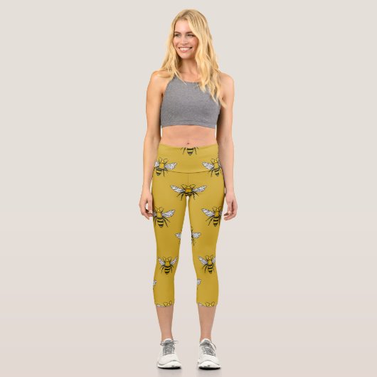 Biene Haven: Vintages gelbes Muster Capri Leggings (Vorderseite)