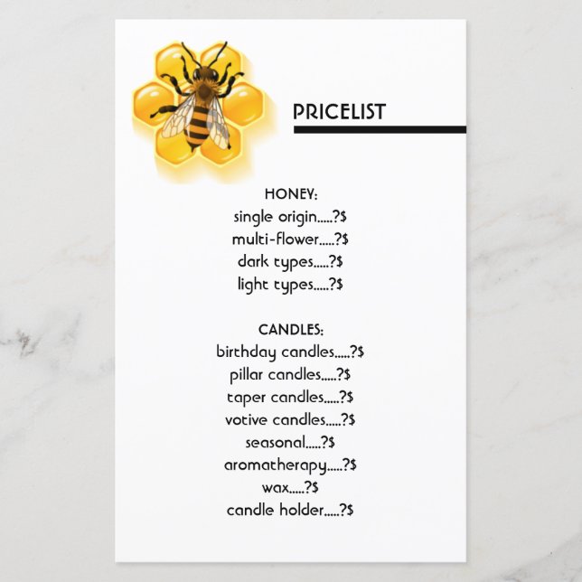 Biene & Honey White Pricelist (Vorderseite)
