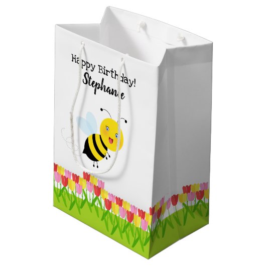 Biene in Tulip Garden Mittlere Geschenktüte (Rückseite Schrägansicht)