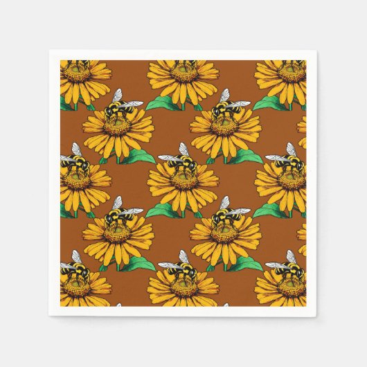 Biene on Sunflower Blume Muster Design Brown Serviette (Vorderseite)