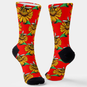 Biene on Sunflower Blume Muster Red Socken