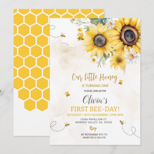 Biene Sonnenblume Einladung (Vorne/Hinten)