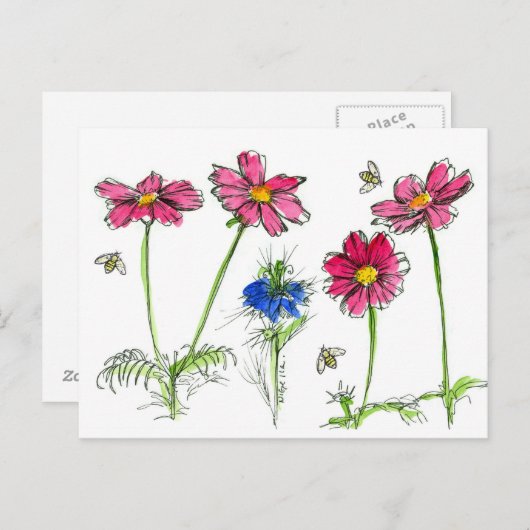 Bienen Aquarell Blume Rosa Kosmos Postkarte (Vorne/Hinten)