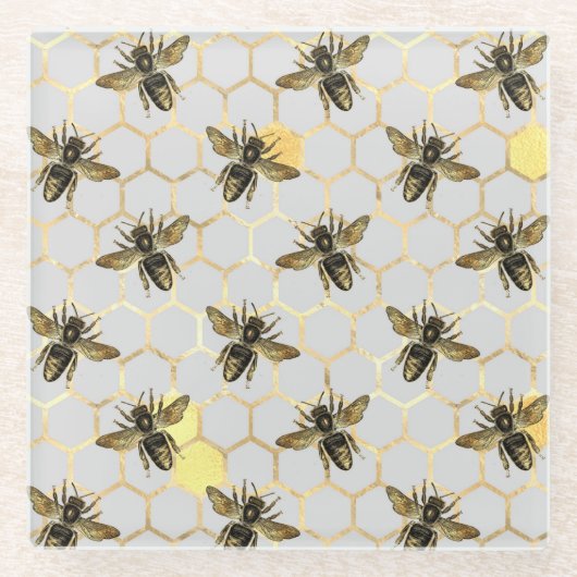 Bienen auf Honeycomb Muster Gelb Gold Grau Glasuntersetzer (Vorderseite)