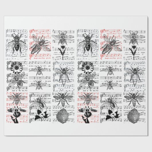 Bienen Blume Blatt Musical Notes Collage Art Geschenkpapier (Flach)