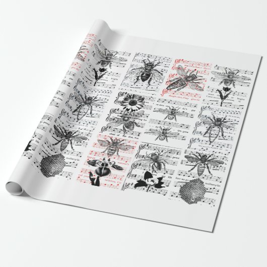 Bienen Blume Blatt Musical Notes Collage Art Geschenkpapier (Ungerollt)