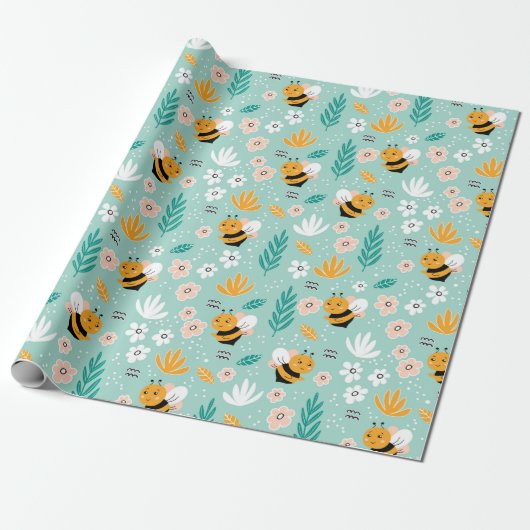 Bienen-Blume-Blätter Geschenkpapier (Ungerollt)