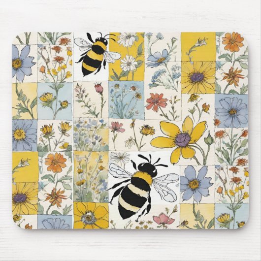 Bienen-Blumenmuster in Blues und Yellows Mousepad (Vorne)