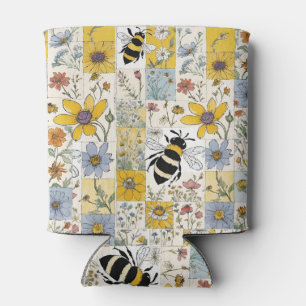 Bienen Blumenpatchwork Gelb und Blau Dosenkühler