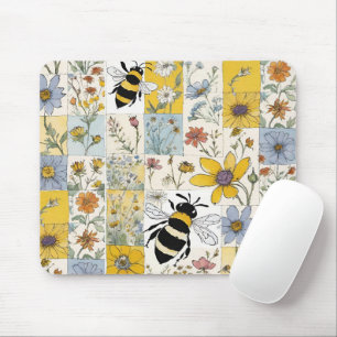 Bienen Blumenpatchwork in Blau und Gelb Mousepad