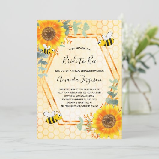Bienen-Brautparty Sonnenblumen Grünbraun zu Biene Einladung (Stehend Vorderseite)