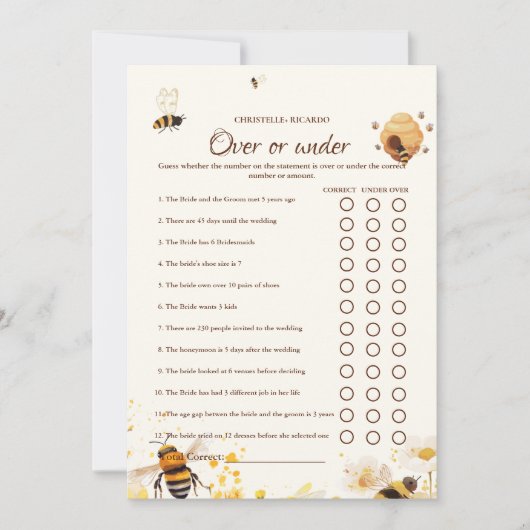 Bienen-Geschichte Über oder unter Brautparty-Spiel Ankündigung (Vorderseite)