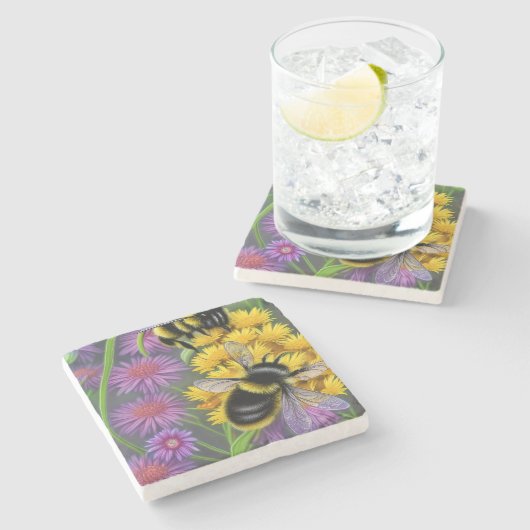 Bienen in einer Blume Steinuntersetzer (Seitenansicht)