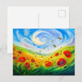 Bienen schweben über ein windiges Mohnfeld Postkarte (Vorne/Hinten)